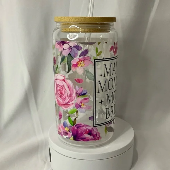 16 Ounce Handmade Clear Glass Can Cup, W/Lid & Straw, Mama Floral - Picture 3 of 13